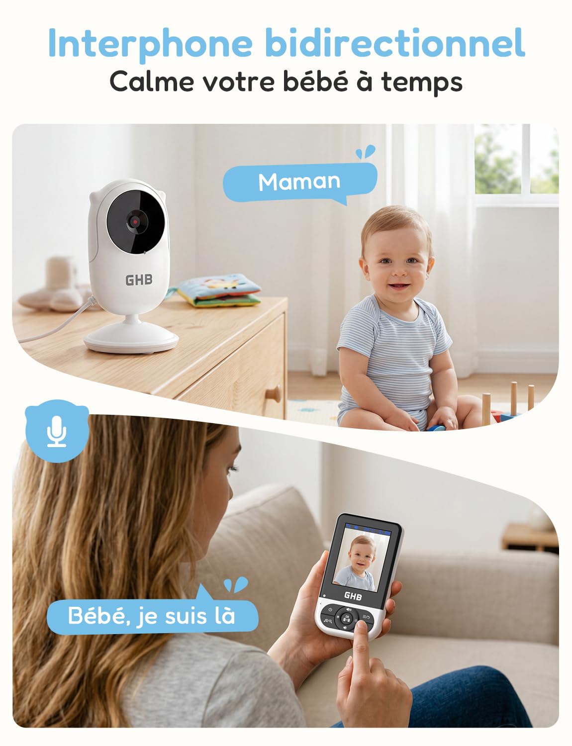 GHB Babyphone Camera Bebe Surveillance sans WiFi VOX Vision Nocturne Noir