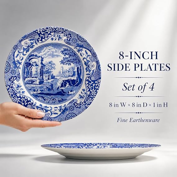 Spode x Blue Italian Set of 4 Salad Plates - Featuring the Iconic Blue and White Design and 18th Century Imari Oriental Border, Made in England, Dishwasher & Microwave Safe, 19cm