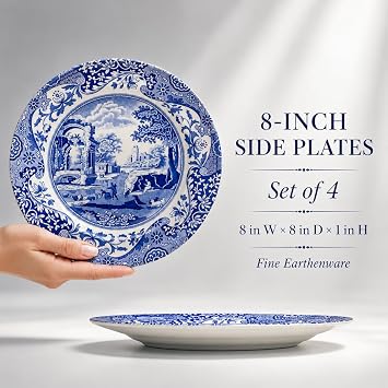 Spode x Blue Italian Set of 4 Salad Plates - Featuring the Iconic Blue and White Design and 18th Century Imari Oriental Border, Made in England, Dishwasher & Microwave Safe, 19cm