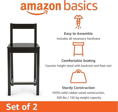Miniatura 3 de Yaxa Basics Taburete de bar de madera con respaldo 24", negro, juego de 2