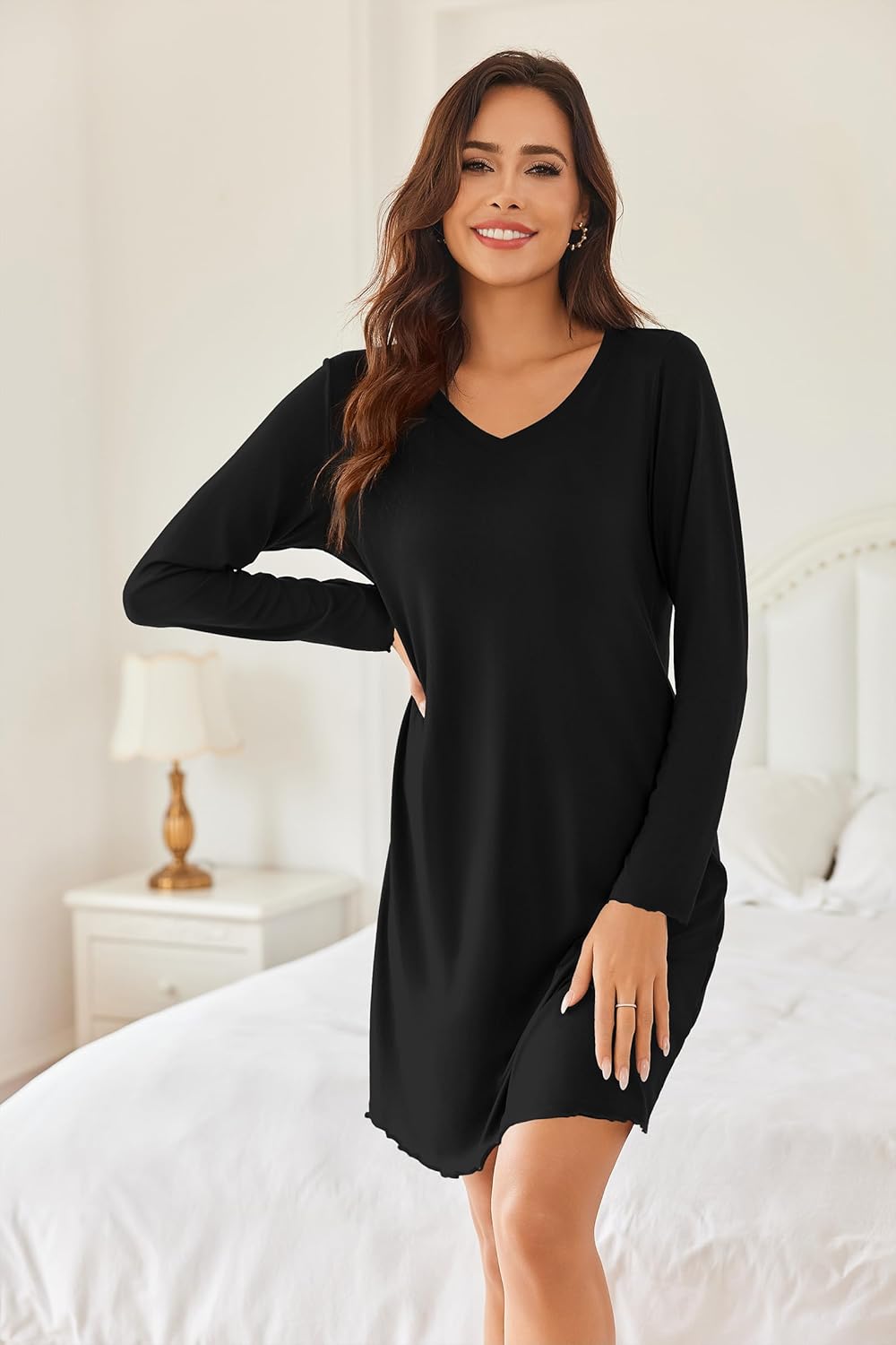 Ekouaer Cotton Nightgowns for Women 2 Pack Night Gown Long Sleeve Sleepshirts V Neck Night Shirt Soft Sleepwear - Image 2