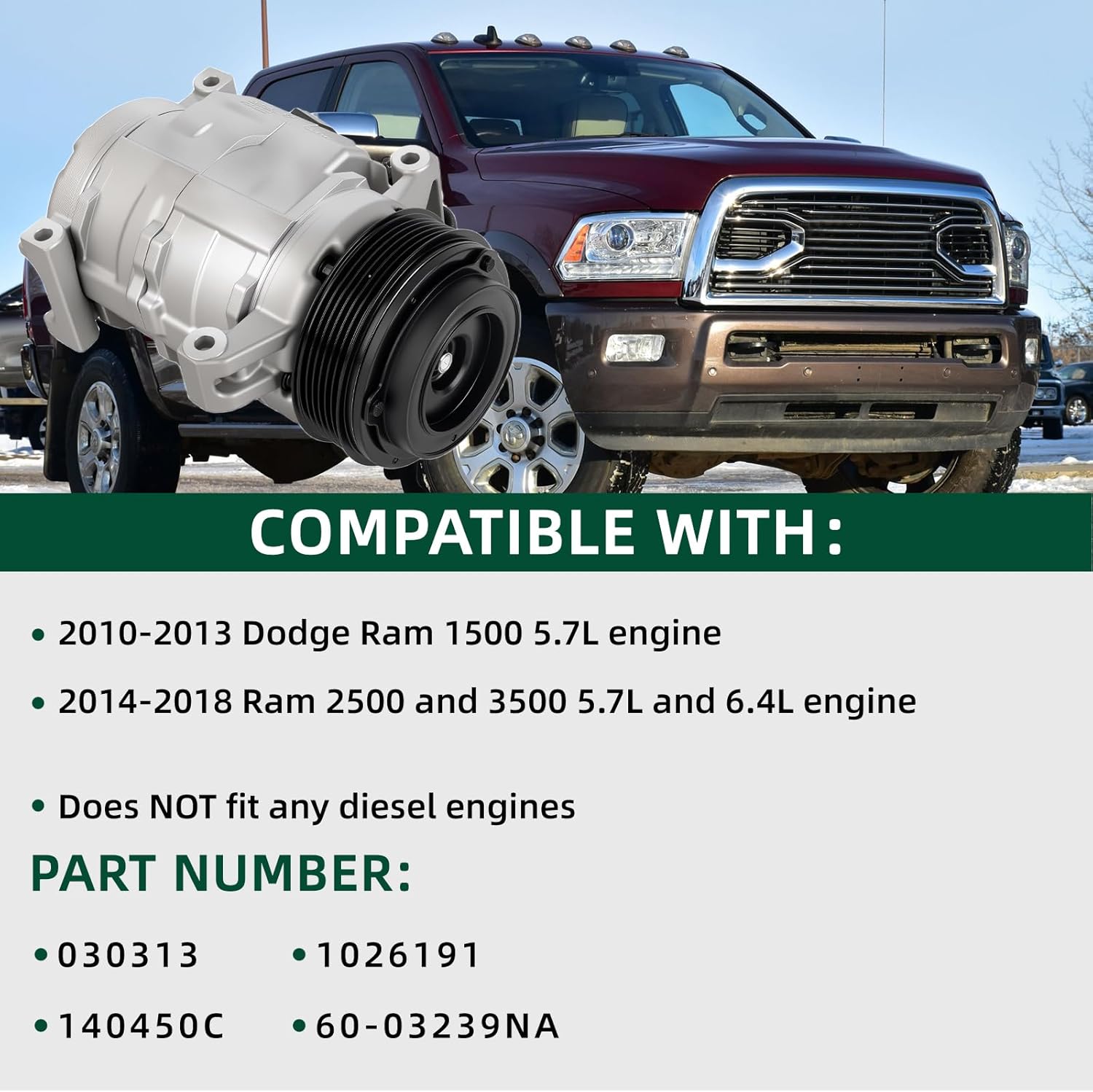 60-03239NA Air Conditioning AC Compressor Compatible with 2010-2013 Dodge Ram 1500 5.7L engine, 2014-2018 Ram 2500 and 3500 5.7L and 6.4L engines Replace 030313 1026191 140450C