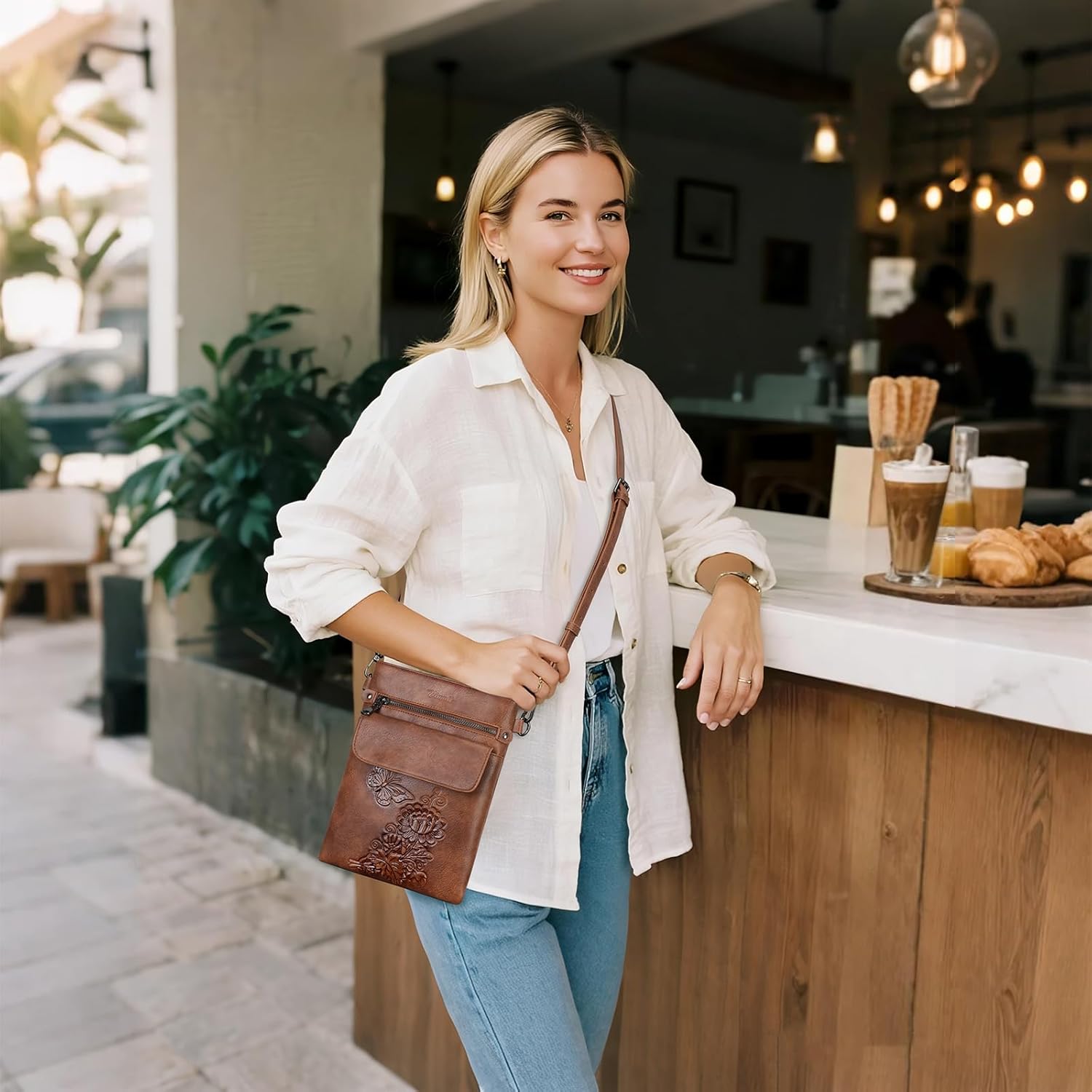 Small Crossbody Purse for Women, Vegan Leather Multi Pocket Bag with Adjustable Strap Embossed Travel Shoulder Bag - Image 2