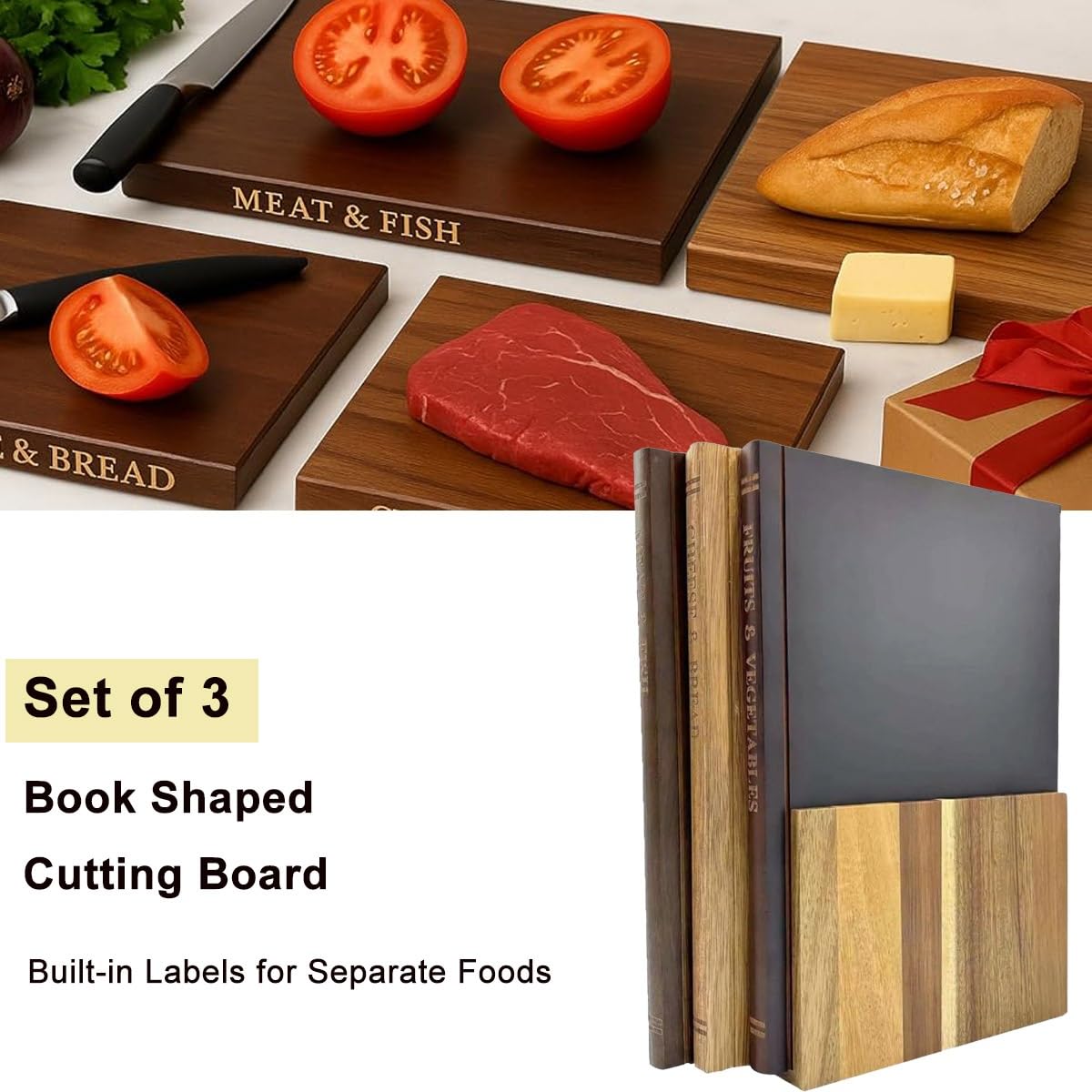 Reversibile Tagliere in Legno Double-face, Set di 3 Taglieri a Forma di Libro, Adatto Alla Lavastoviglie Vassoio da Cucina, Antiscivolo Tagliere da Cucina per Carne, Pane, Verdure e Frutta