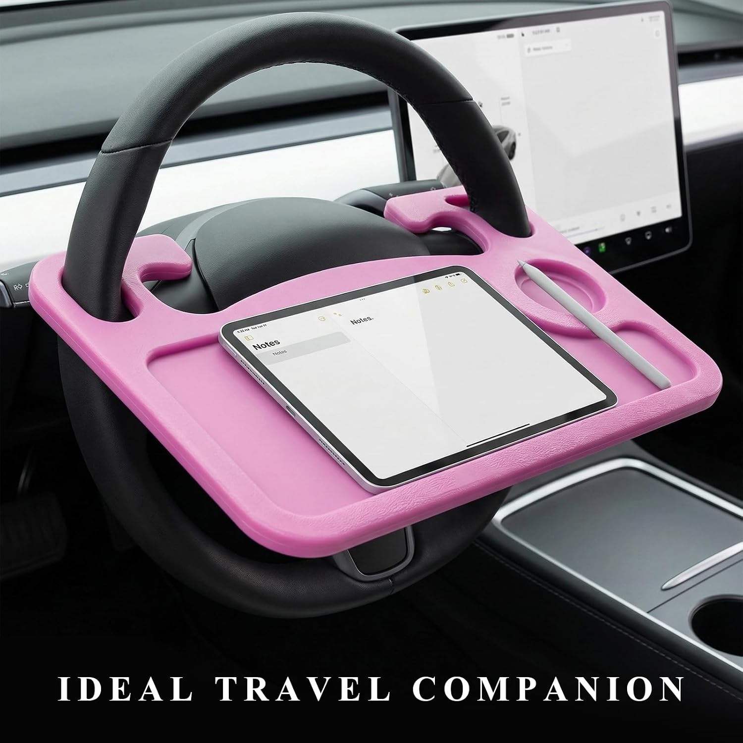 Car Steering Wheel Desk, 2 in 1 Multipurpose Auto Seat Stand Tray for Food Drink Laptop, Portable Double Sided Vehicle Steering Wheel Table for Eating & Work, Car Accessories (Pink)