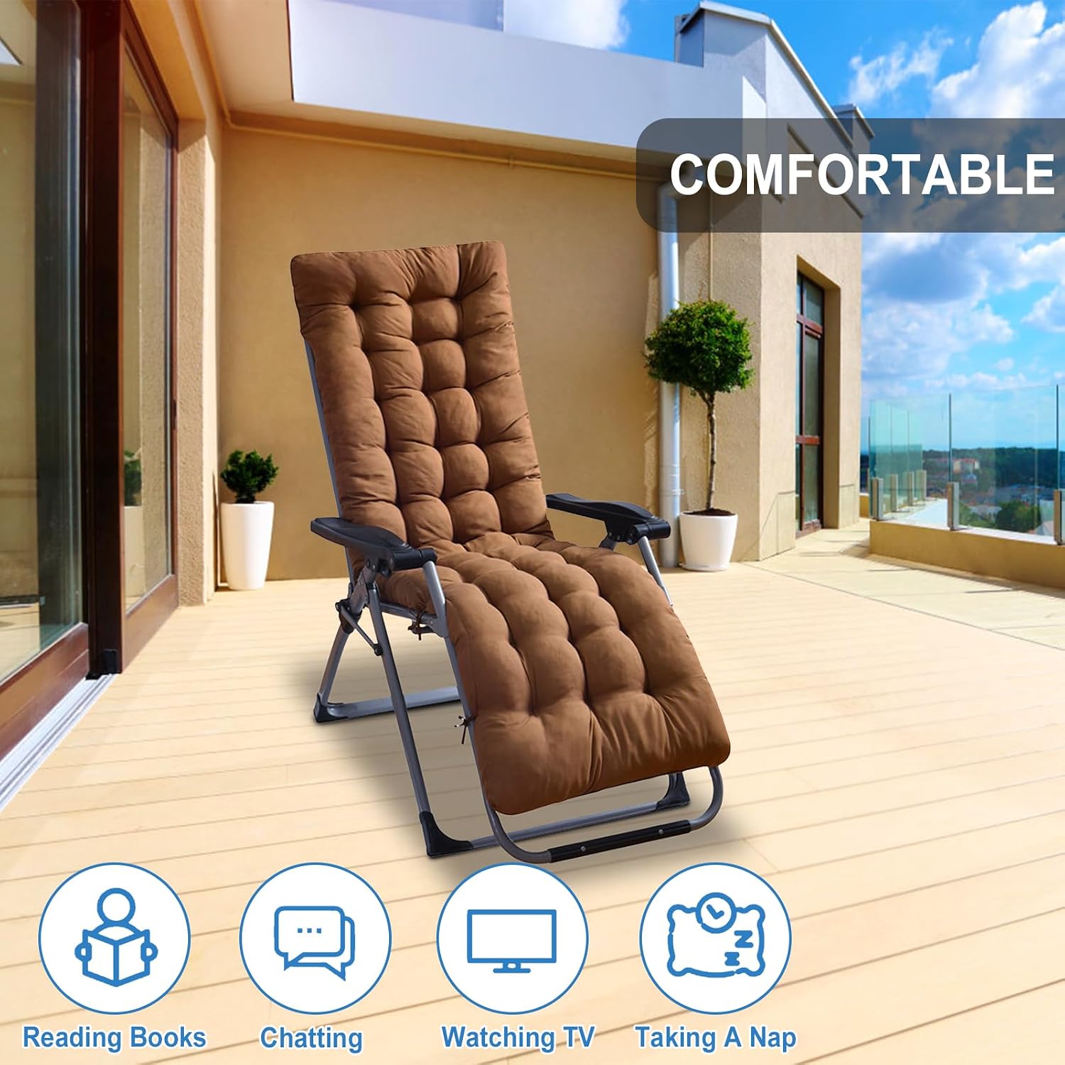 KOCASO Chaise Lounger Cushion, 67x22x3.93In Bench Chair Pads, Non Skid Slip Patio Padded Seat Cushion with Ties, Recliner Rocking Chair Sofa Mat for Indoor Outdoor, Coffee (Only a Cushion)