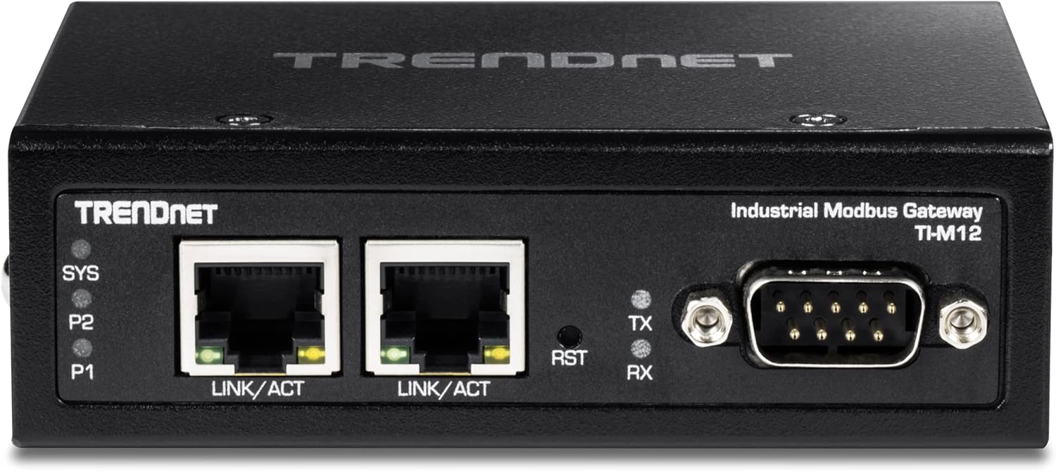 TRENDnet 1-Port Fast Ethernet Industrial Modbus Gateway, 1 x Serial DB-9 Port, 2 x Fast Ethernet Ports, Up to 100m (328 ft), IP30 Rated Housing, Extreme Temperature Protection, Black, TI-M12