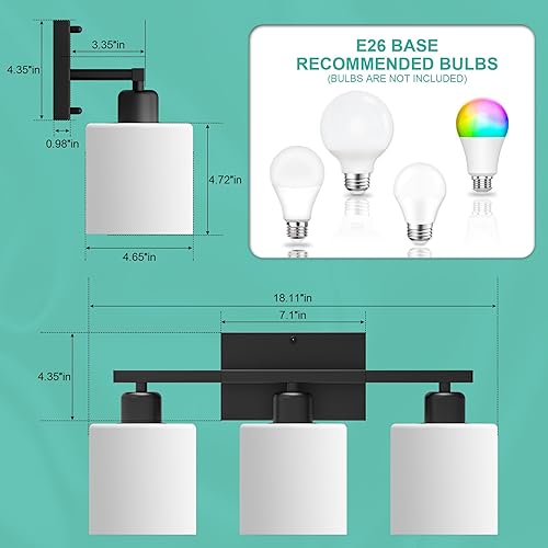 Miniatura 3 de Black Bathroom Light Fixtures Over Mirror, Rustproof Vanity Lights for Bathroom, Modern 3-Light Wall Sconces for Living Room, Milky White Glass