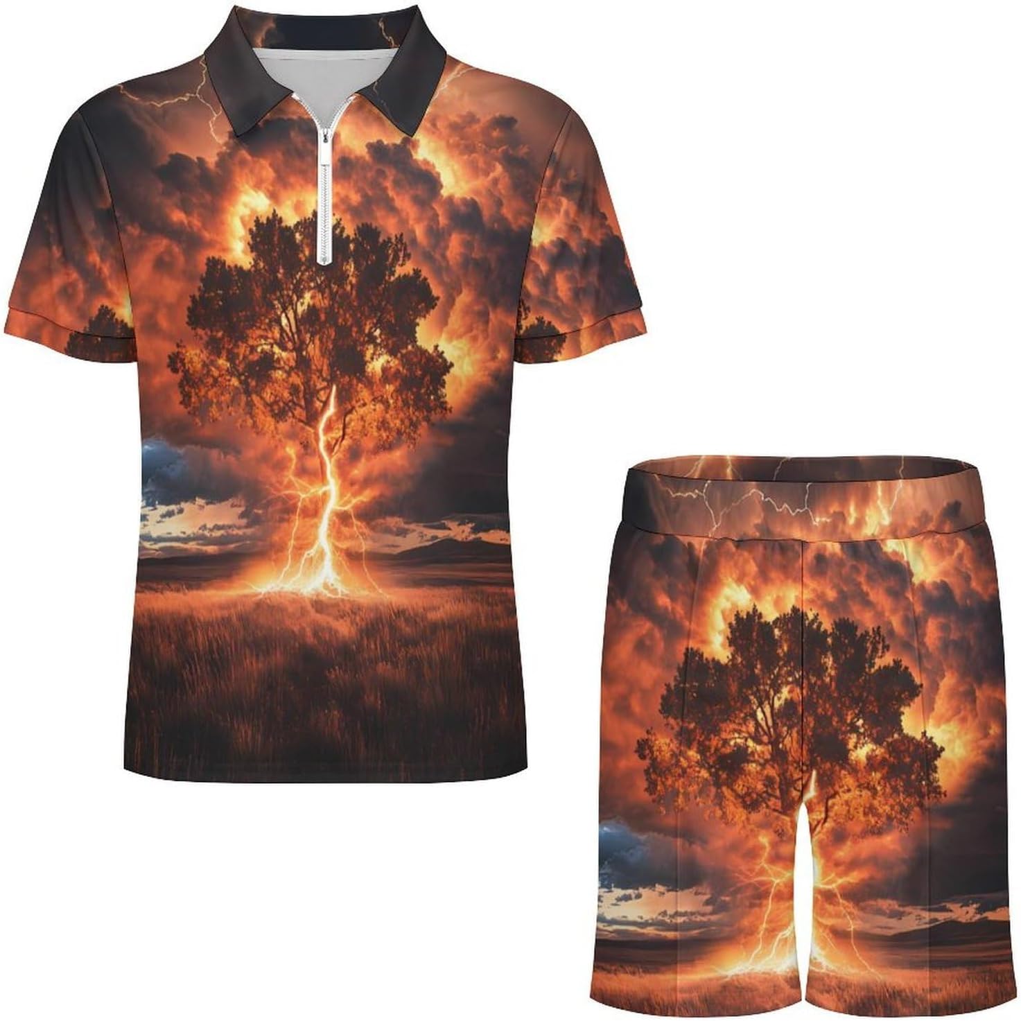 Tree with Thunder Strikes Mens Polo Shirts Track Suits 2 Piece Short Sleeve Sweatsuit 1/4 Zip Golf Loungewear for Sports