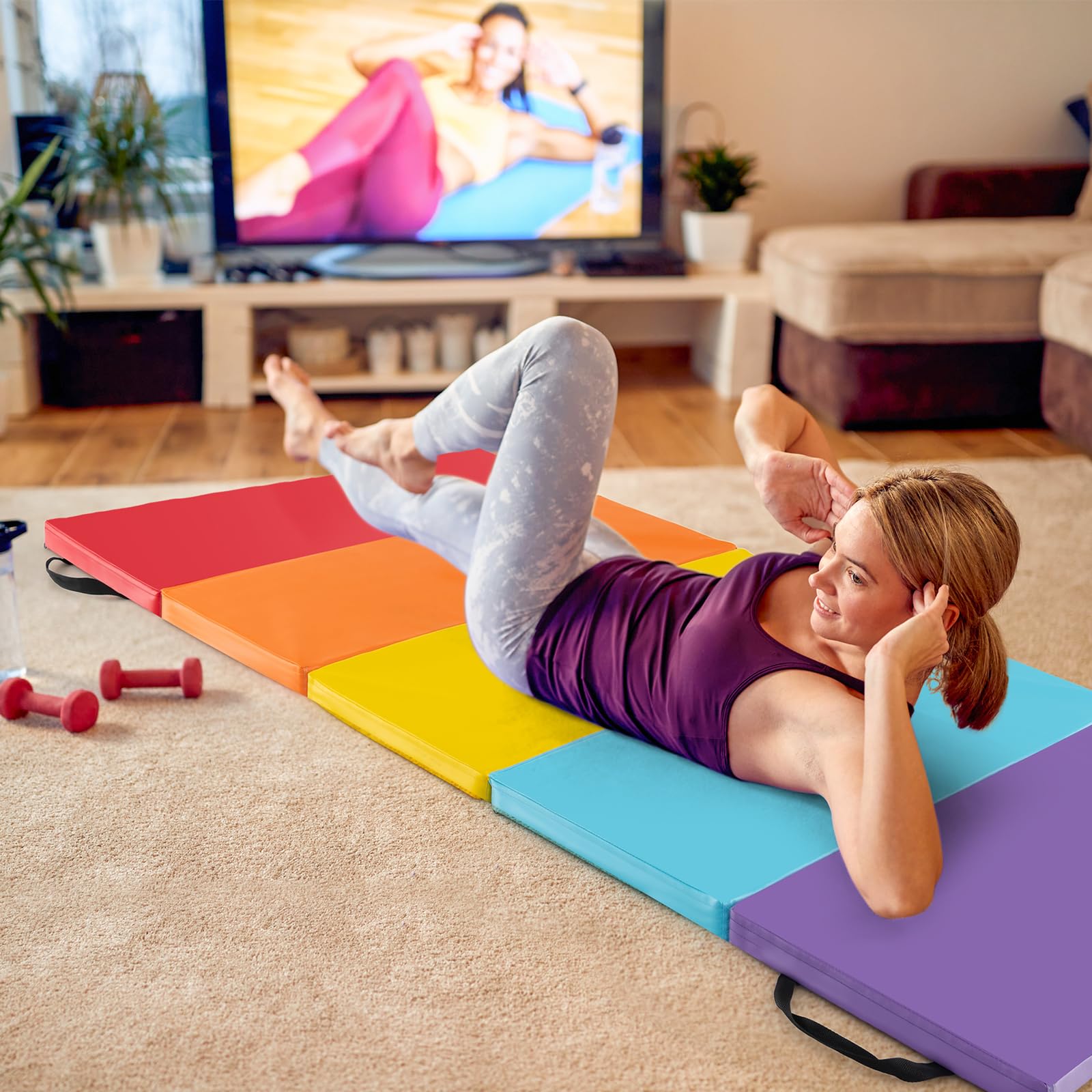 GYMAX Tappetino da Ginnastica Pieghevole a 3 parti, Tappetino Portatile con Velcro, Materasso da Allenamento con Maniglie Portatili per Bambini e Adulti, Tappetino Allenamento