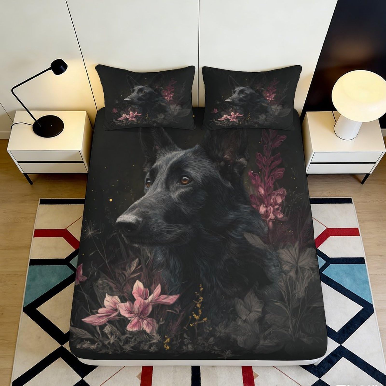3D Printed Black German Shepherd Fitted Sheet Microfiber Floral Art Bed Cover Non-slip Machine Washable for Bedroom 160x200x25cm