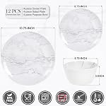 12-Piece Ensembles de vaisselle à la mélamine, ensemble de vaisselle rond blanc moderne pour 4 - Assiette de service pour Snack, Dessert, Salade, Soupe, Pâtes - Motif de marbre blanc