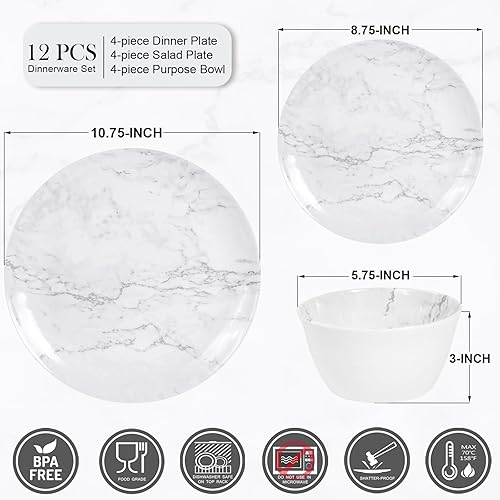 Miniatura 11 de Juego de vajilla de melamina – 12 piezas de platos y cuencos, ideal para fiestas en interiores y exteriores, sin BPA, apto para lavavajillas