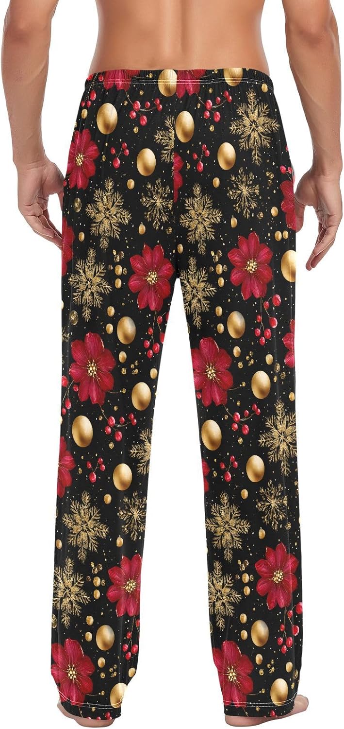 ALAZA Christmas Snowflakes Poinsettia Men's Pajama Pants Men Cotton Pajama Bottoms with Pockets, S