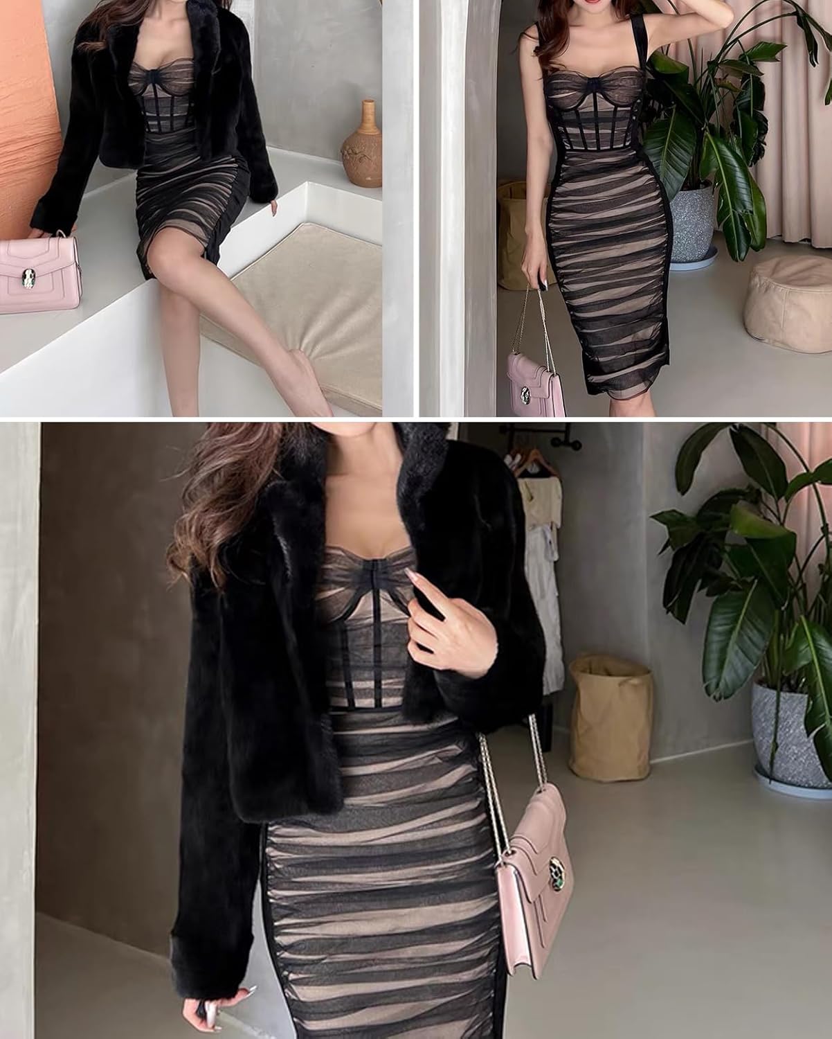 houstil Women's Strap Wedding Guest Dress Velvet Mesh Bodycon Cocktail Party Fishbone Mini Clubwear - Image 6