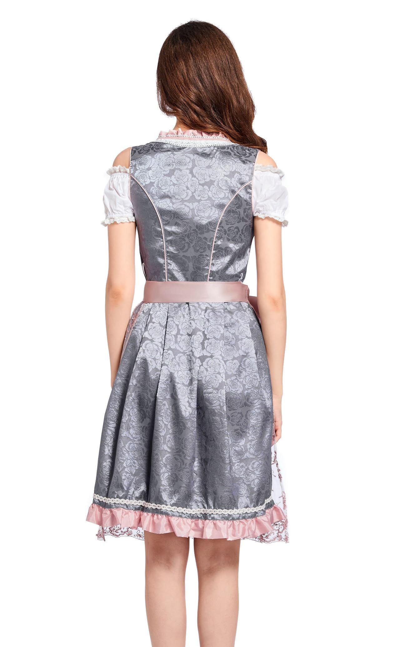 VKI Midi Dirndl Damen Kleid mit Spitzenschürze, Bayerische Tracht Oktoberfest Damen Outfit