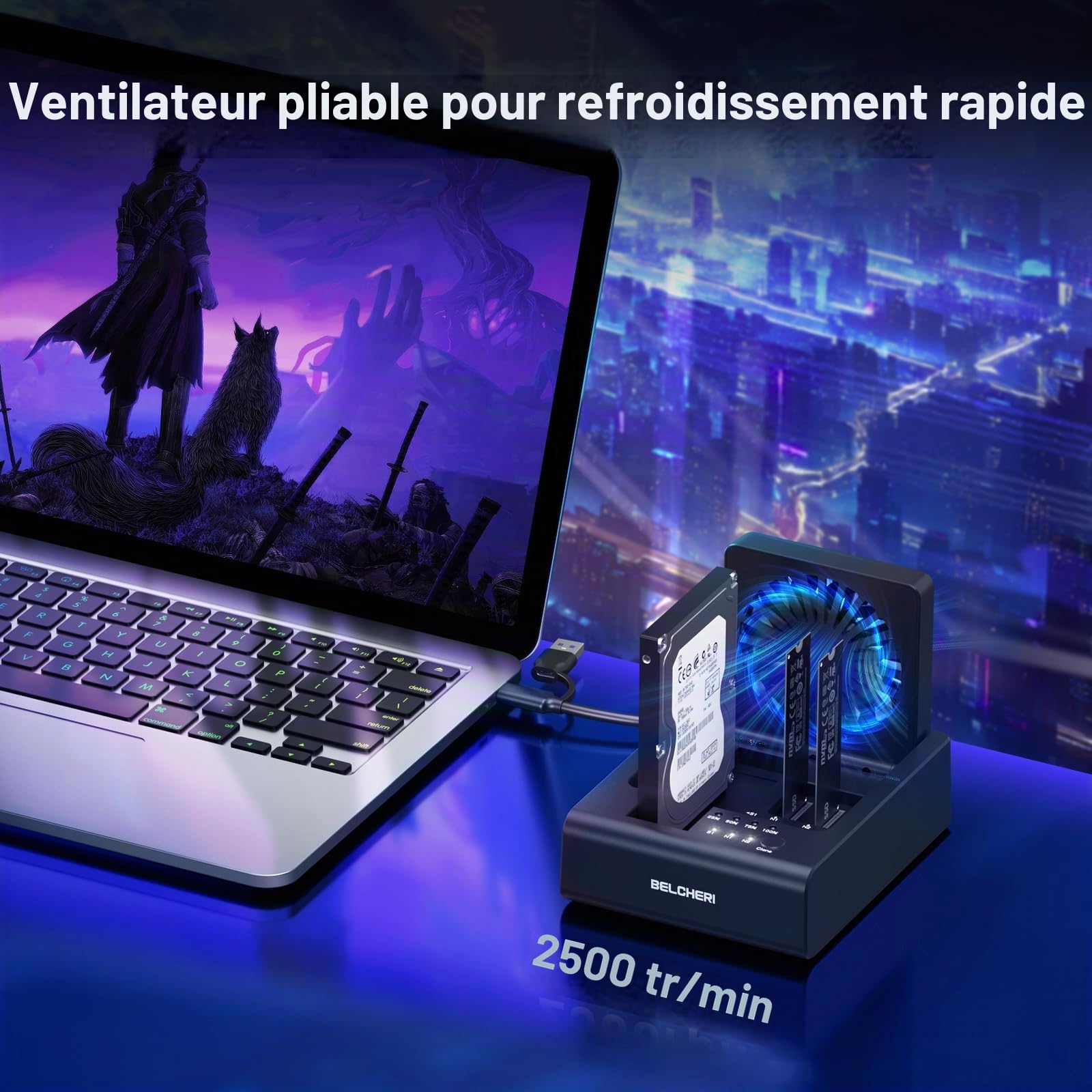 Station d'accueil de cloner 3 baies USB 3.2 Gen 2 10 Gbit/s pour M.2 NVMe SSD & SATA HDD 2,5"/3,5", HDD/M.2 NVMe SSD Cloner Station d'accueil avec ventilateur pliable