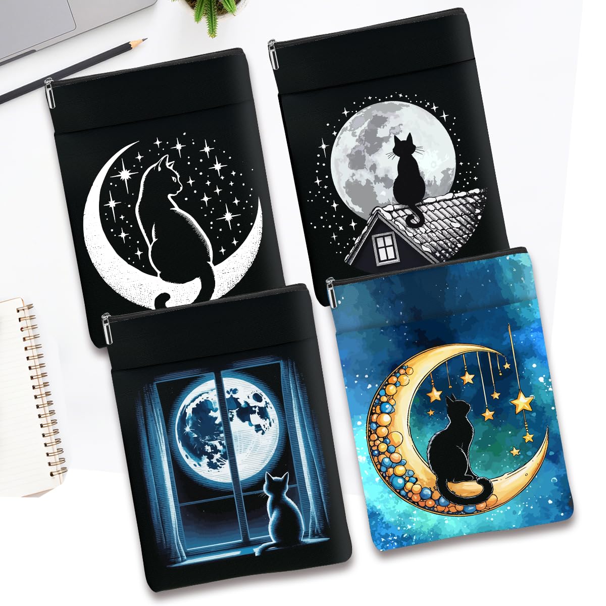Buchhülle für Bücher, Schutztasche mit Reißverschluss und Vordertasche, waschbar, himmlische Katzenkunst, Boho-Mond-Hexenbuchliebhaber, Geschenke, Geschenke für Katzenliebhaber, Tochter, Mutter, Leser