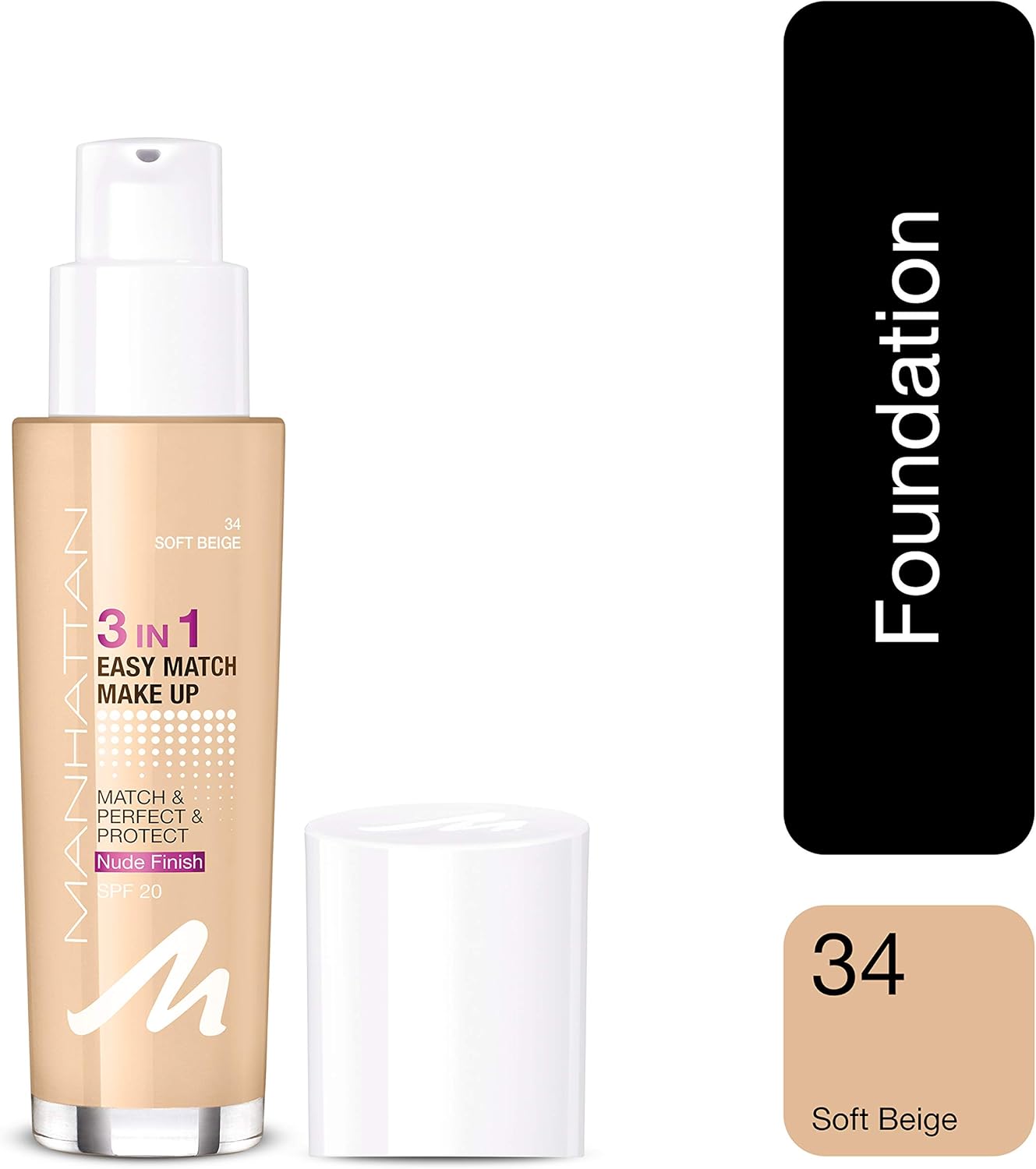 Manhattan 3-in-1 Easy Match Make Up Foundation, Fb. 34 soft beige, 30 ml (Pack of 1) - Image 3