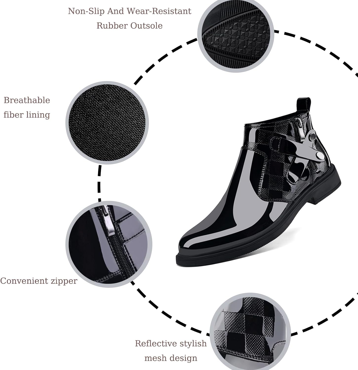 Men's Patent Leather Chunky Heel Chelsea Boots with Side Zipper Retro Round Head Square Texture Warm Plush Lining Business Formal Short Boots - Image 5