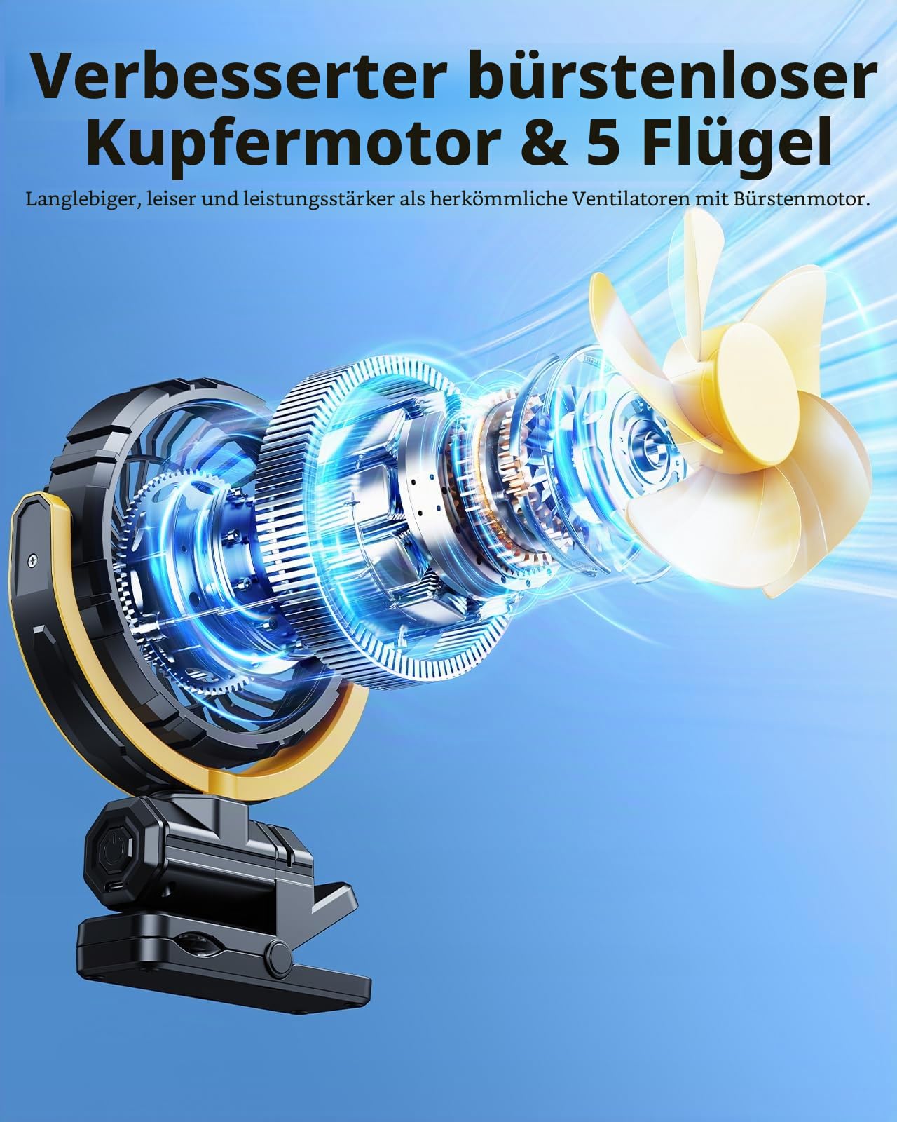 Akku-Ventilator für Auto-Sonnenschutz, Rücksitz & Dachgriffe, leiser tragbarer Clip-Autoventilator für SUV, Van, Wohnmobil, Pickup, Camping, Schreibtisch, Bett, Kinderwagen & Babybett - Gelb