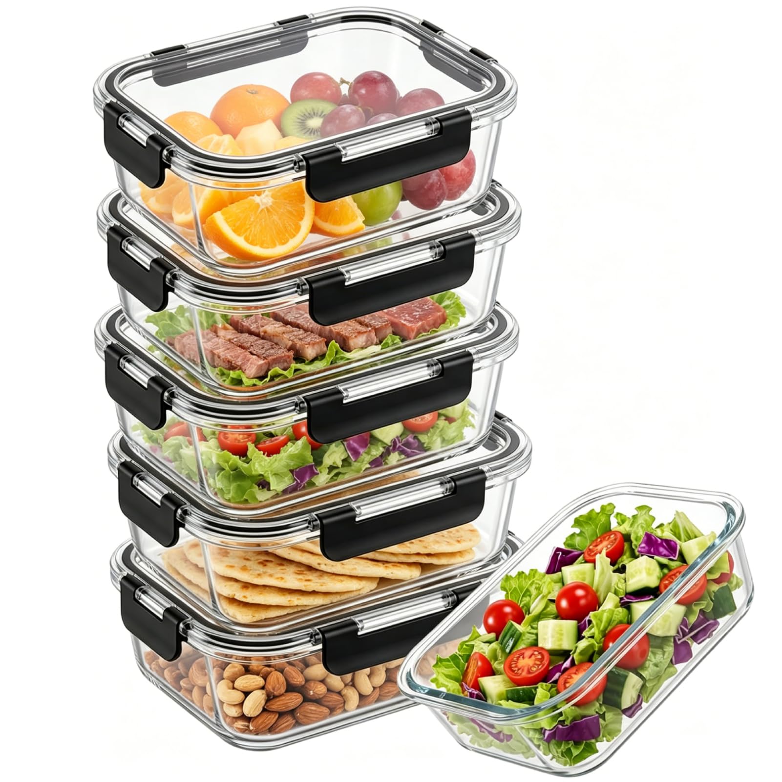 Zocipro 5 Pack Glass Food Storage Containers with Lids, 1000 ml / 34oz Reusable Meal Prep Glass Containers, Airtight Leak Proof Meal Prep Lunch Boxes, Microwave Oven Freezer Dishwasher Safe