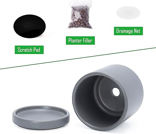 Miniatura 4 de D'vine Dev Juego de 4 macetas pequeñas de cerámica, maceta para suculentas de 3.5 pulgadas para plantas con orificio de drenaje y platillo, gris,