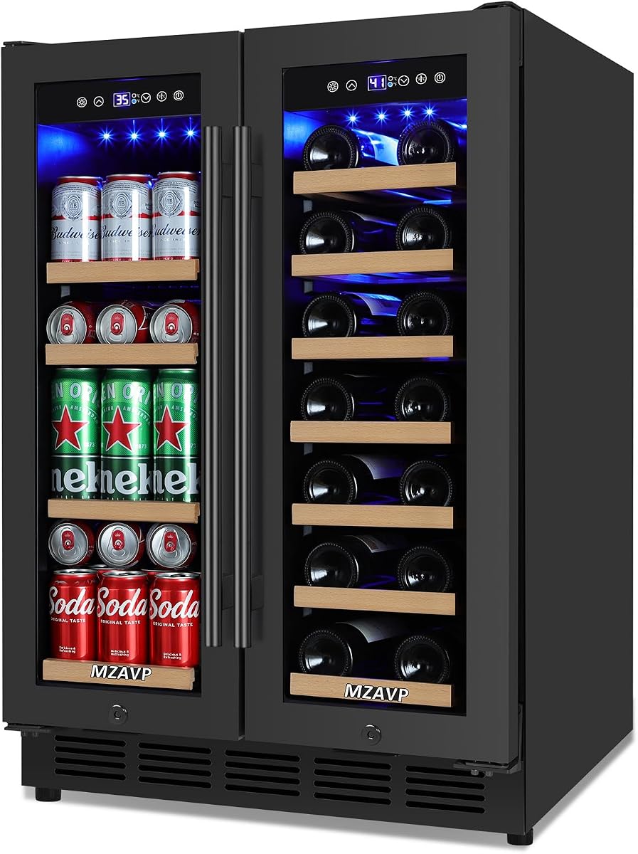 Wine and Beverage Refrigerator 24", Dual Zone Wine & Beverage Cooler with Glass Door and French Door, Built-In/Freestanding Wine and Beer Fridge Holds 21 Bottles & 88 Cans for Home/Bar - Black