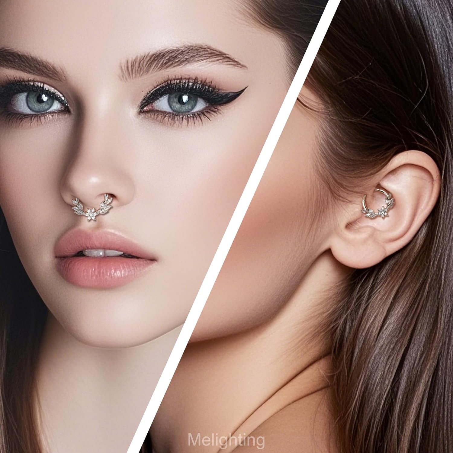 Melighting 16G Flower Septum Ring,Rose Daith Piercing Jewelry, Stainless Steel 316L Septum Clicker Clear CZ Opal Cartilage Lobe Earring For Women 8/10 mm - Image 5