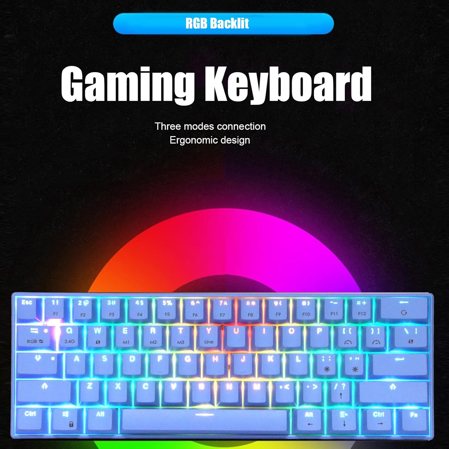 NIZUUONE 61-Key Mechanical Keyboard with RGB backlighting active, highlighting the '2.4G' and 'RGB' function keys.