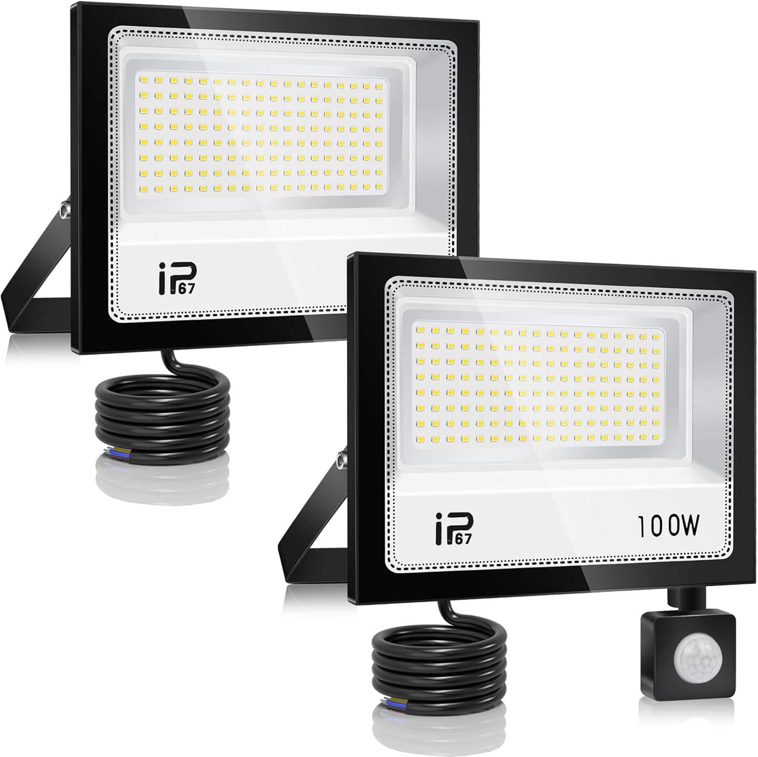 100W LED Strahler mit Bewegungsmelder Außen 2PC，Superhell 10000LM LED Scheinwerfer，7000K Kaltweiß Scheinwerfer， IP67 Wasserdichte Außenstrahler，für Hinterhof,Garage,Flur