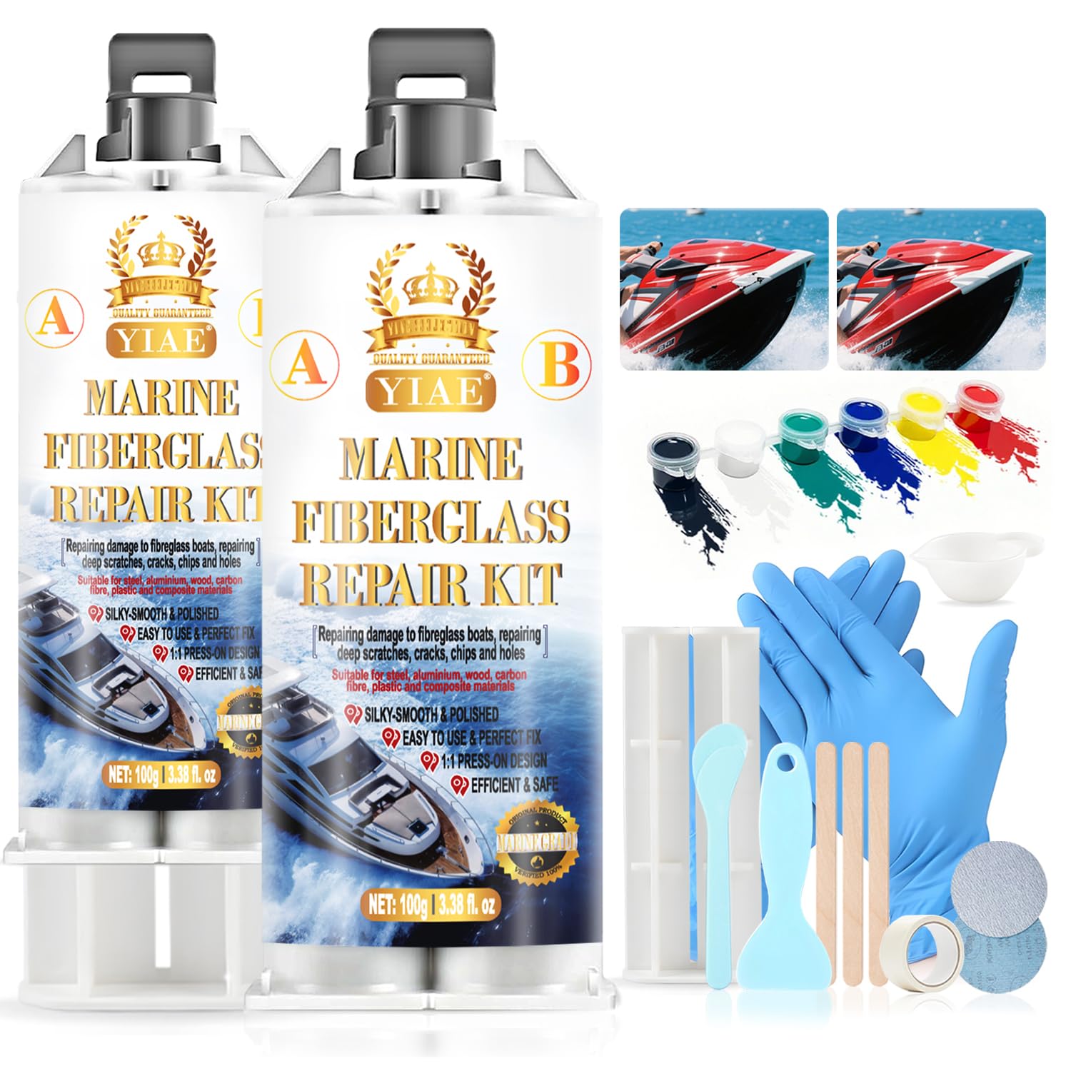 YIAE Marine Fiberglass Repair Kit for Boats Pro Gel Coat & Epoxy Resin to Fix Holes, Chips, Deep Cracks on Kayaks, Sailboats | DIY Fiberglass Boat Repair with Color Match and Fast Cure (6.76 oz)