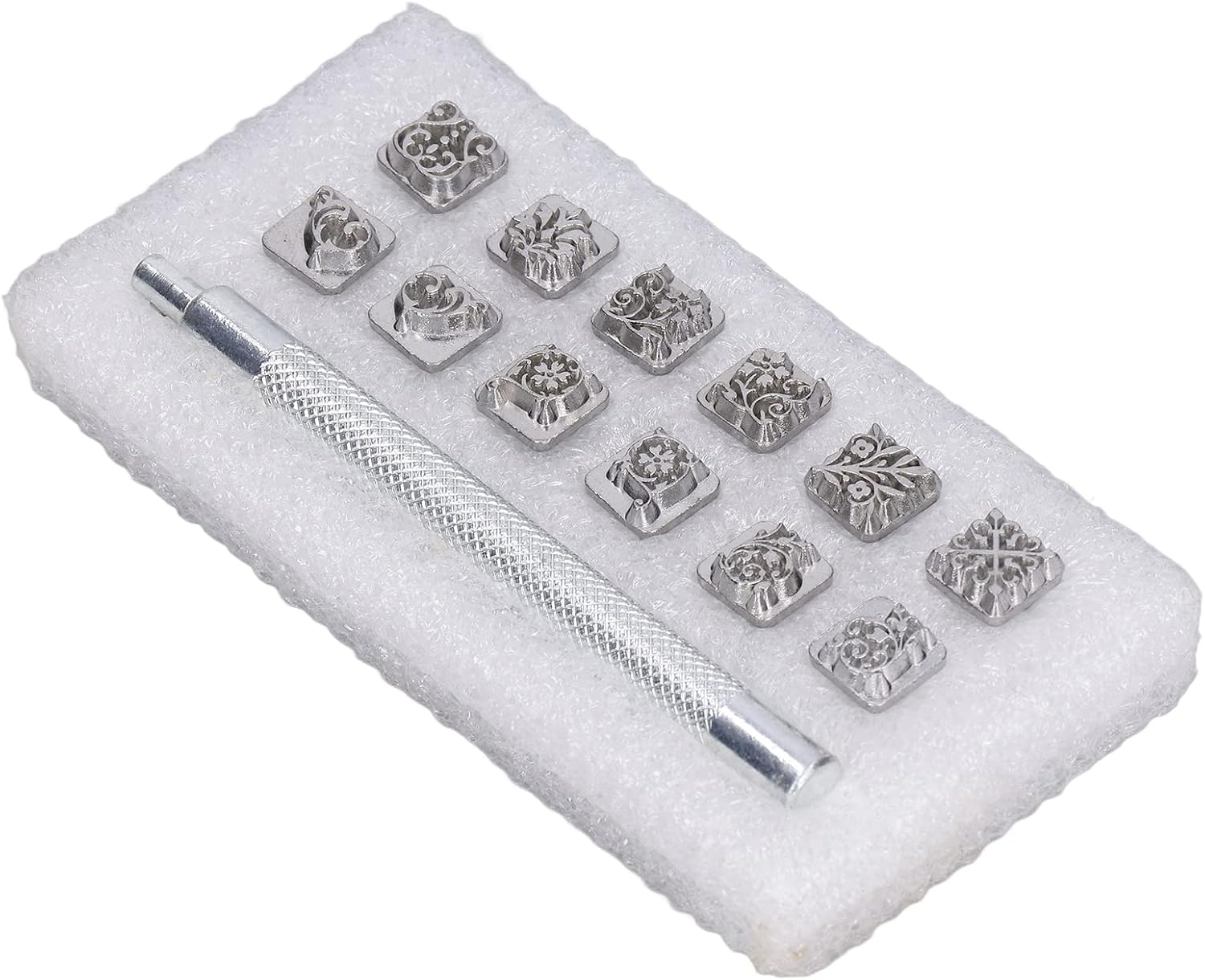 Leather Stamping Tools Set 12 Patterns Craft Stamps with Handle for Leather Carving, 95mm Zinc Alloy for DIY Belt Bag Wallet Leathercraft