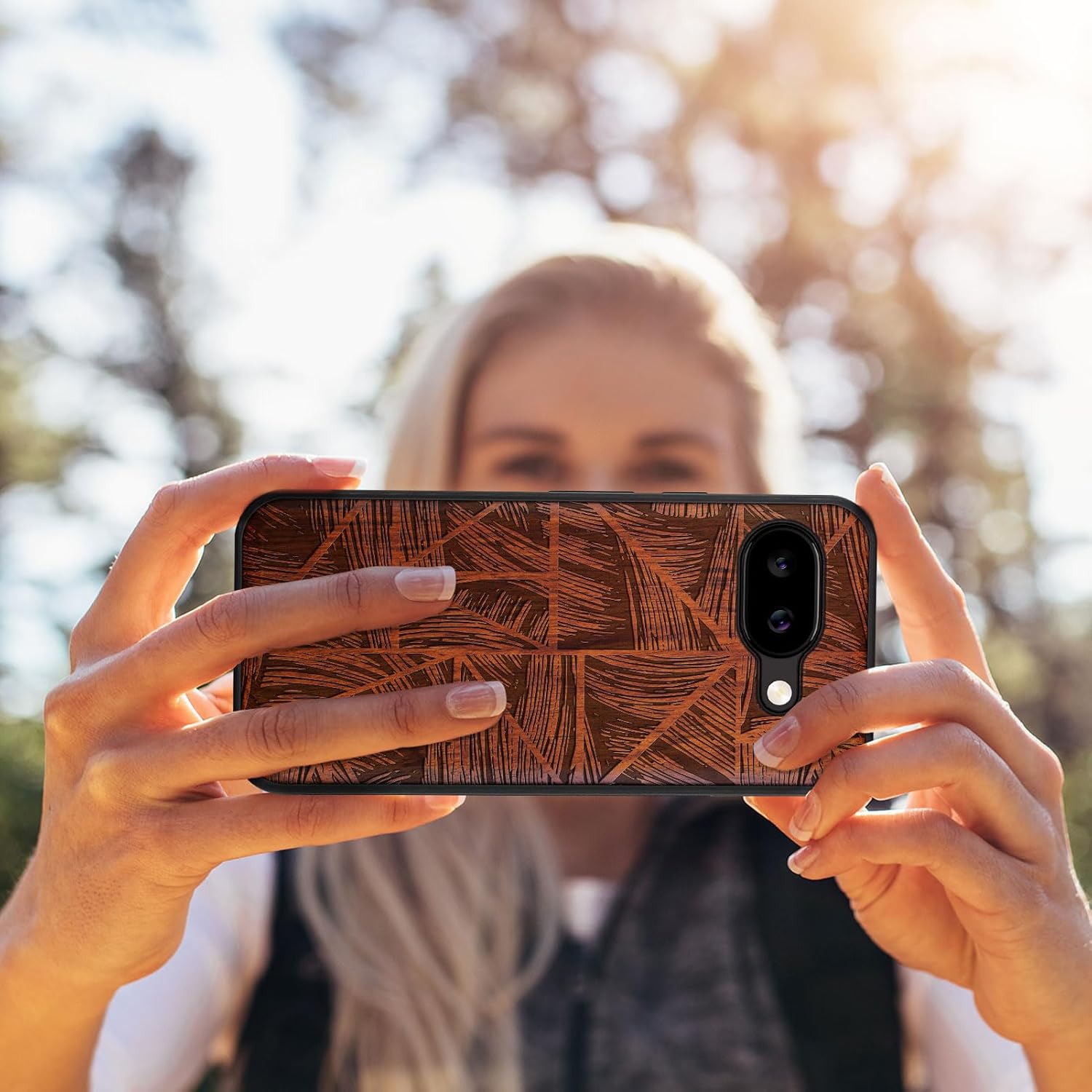 Carveit Magnetic Wooden Case for Google Pixel 9a Case, Wood Artisan Engraved & Soft TPU Shockproof Cover, Compatible with MagSafe Wireless Chargers (The Doodle Wave Pattern) Rosy