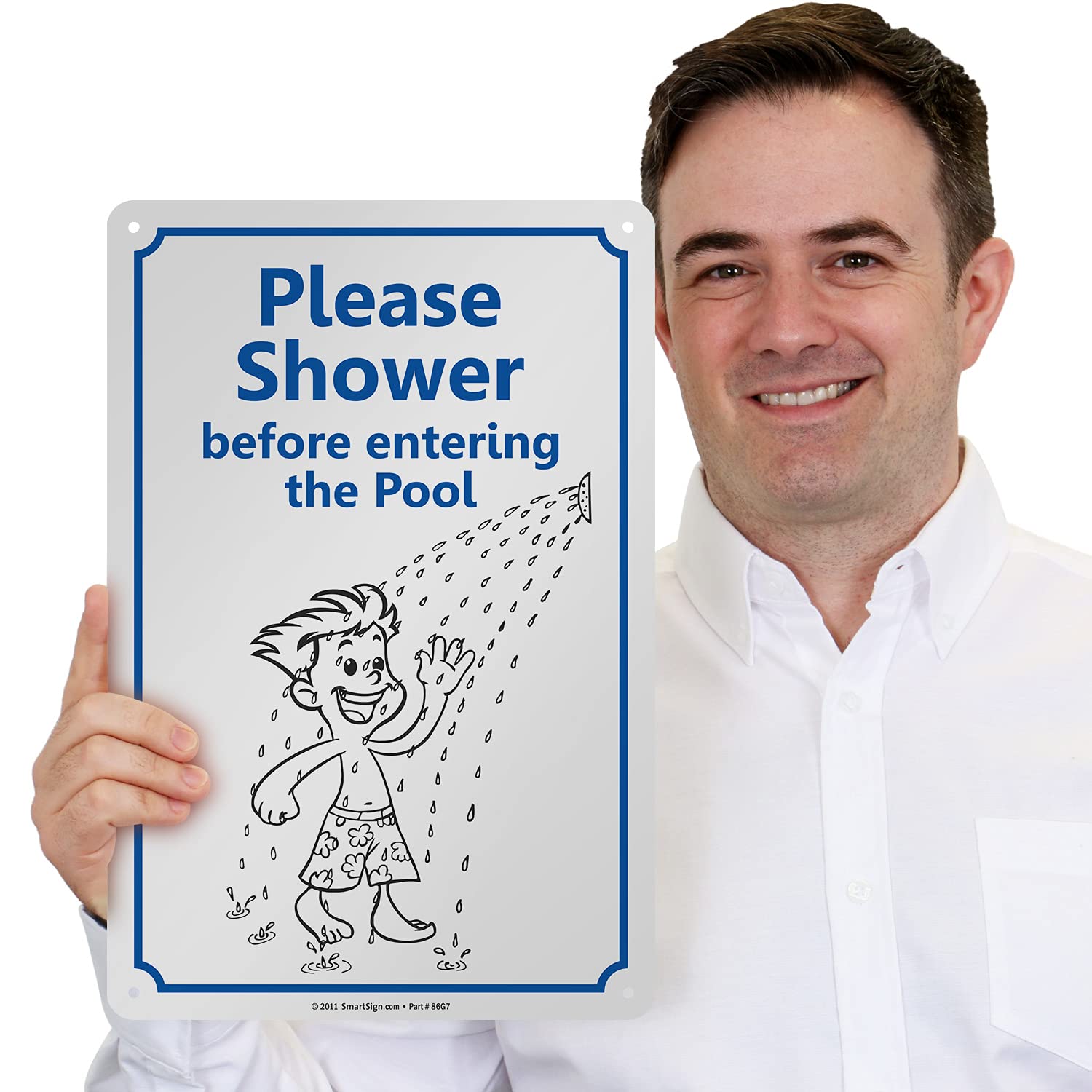 SmartSign 15 x 10 inch “Please Shower Before Entering The Pool” Sign with Funny Graphic, Digitally Printed, 55 mil HDPE Plastic, Blue, Black and White