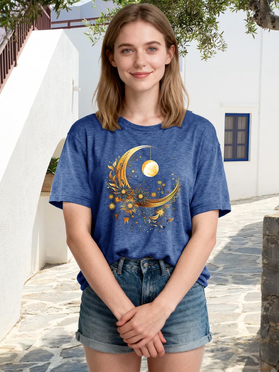 Women Mystical Sun and Moon Shirts Vintage Wildflower T Shirt Hipped Graphic Tees Short Sleeve Vacation Tops - Image 3