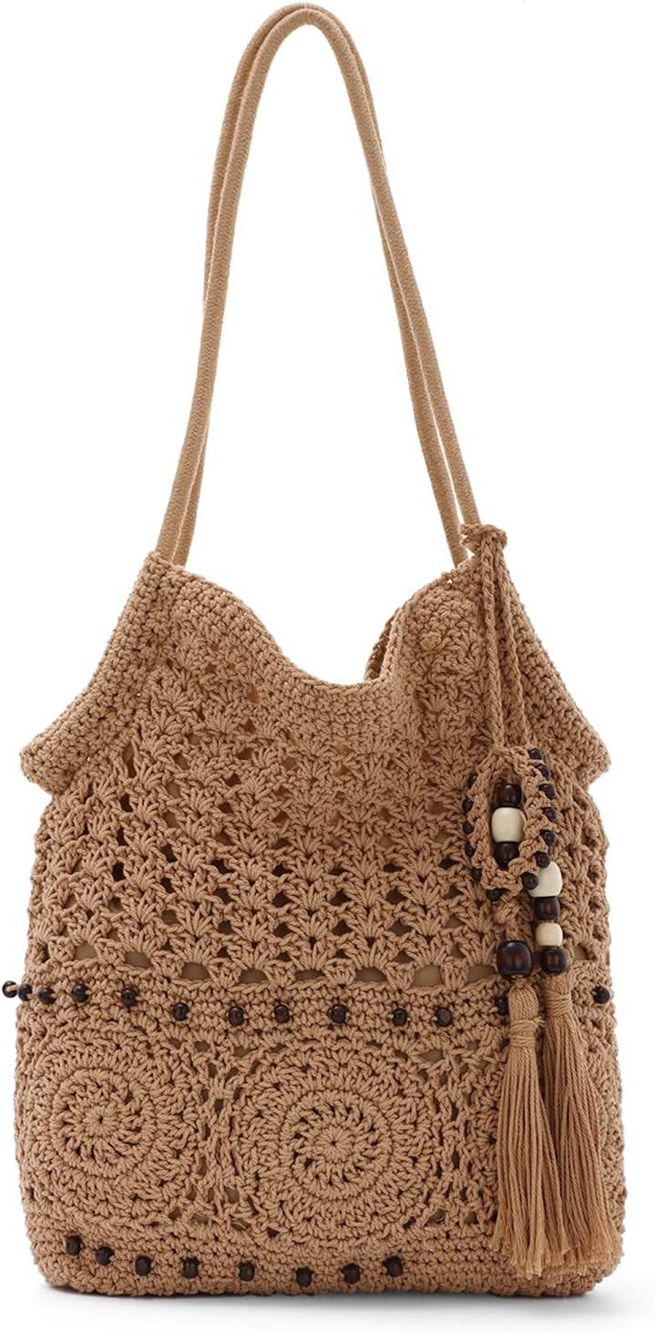 GOKTOW Crochet Shoulder Bag for Women Summer Beach Tote Bags Handwoven Cotton Hobo Vacation Purse with Tassel