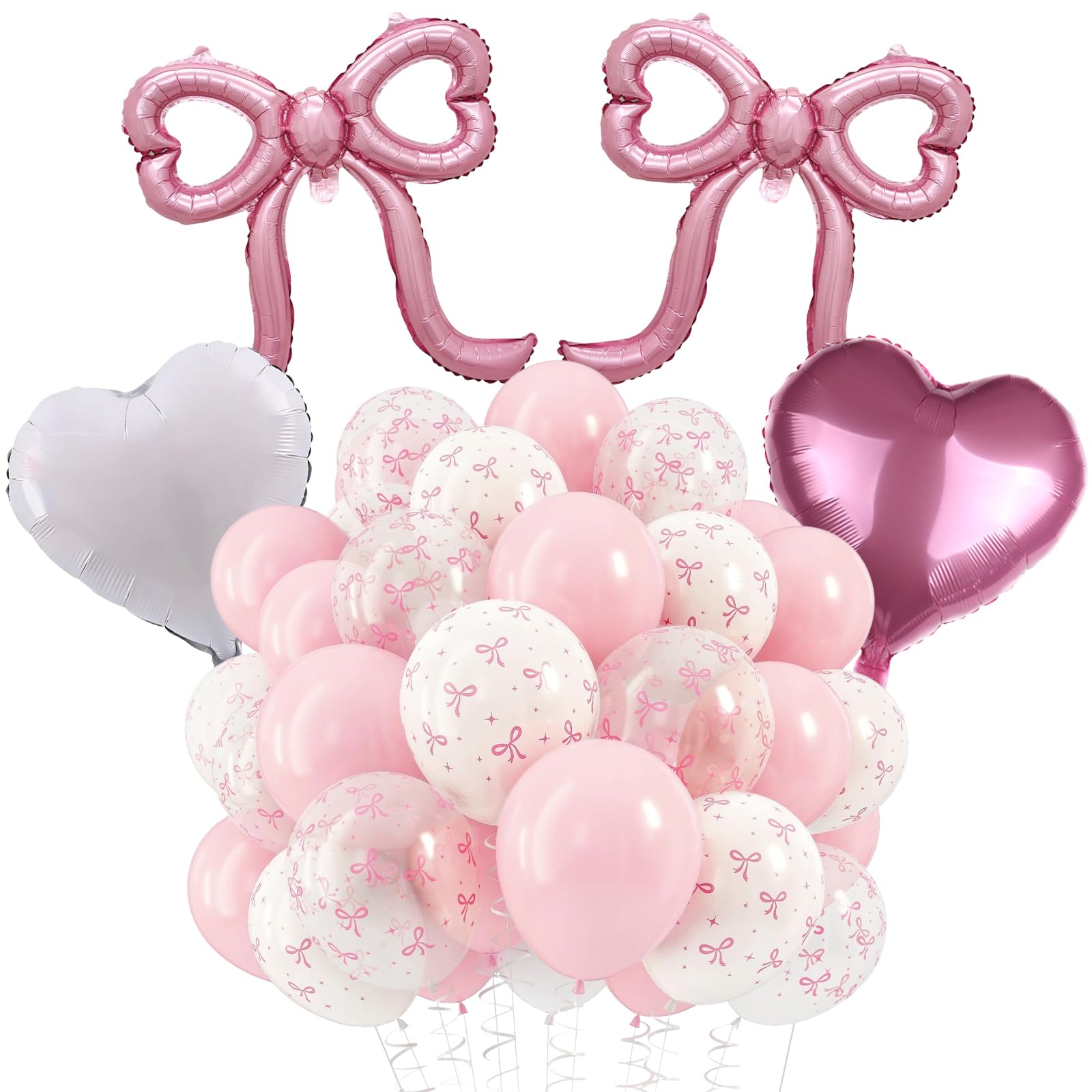 34PCS Pink Bow Balloons, Love Heart Balloons, Coquette Foil Balloon, Pink, White, Transparent