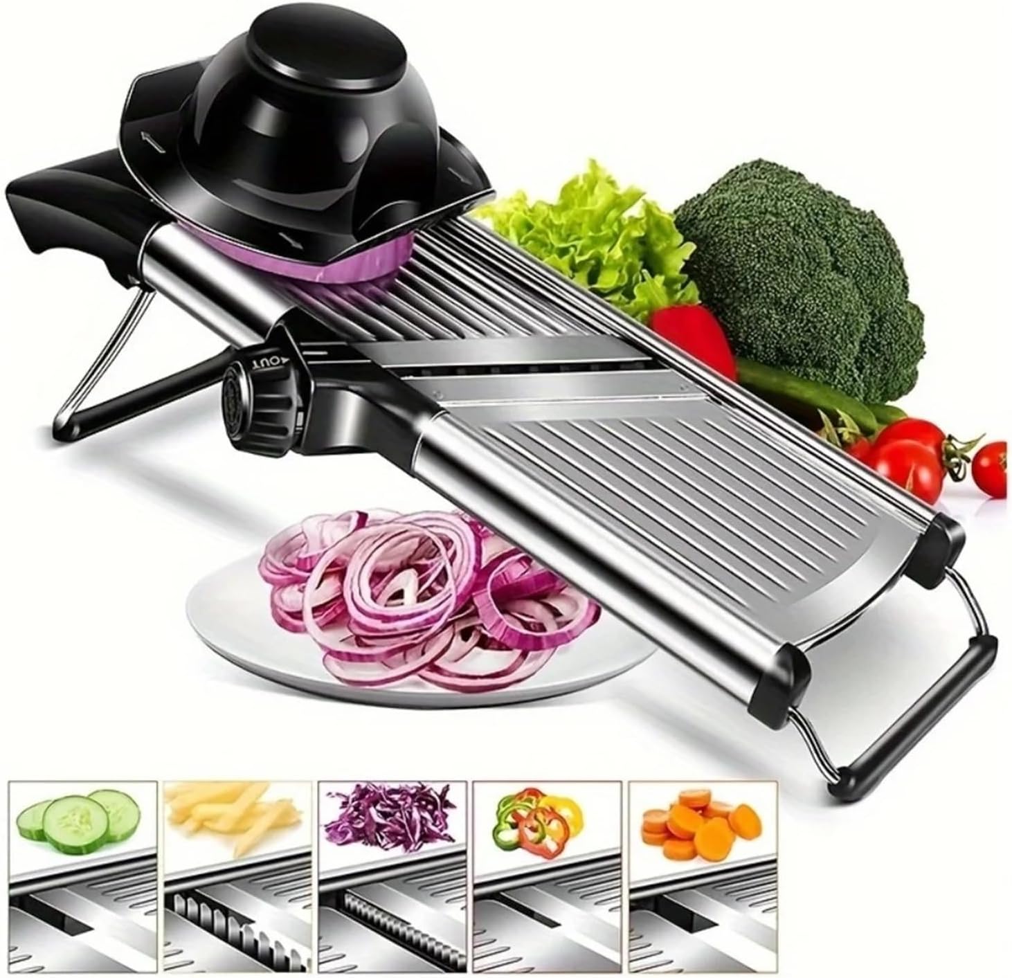 Adjustable Mandoline Slicer with 5 Stainless Steel Blades - Professional Vegetable Cutter for Onions, Potatoes, and More