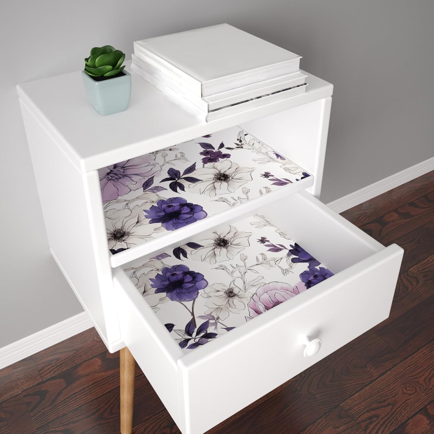 Watercolor Floral Peel and Stick Wallpaper,Purple/White/Pink Flower Contact Paper, Botanical Wall Paper Self Adhesive Removable Waterproof for Bedroom Shelves Cabinet Drawer Table Decor 17.5" x 393.7"