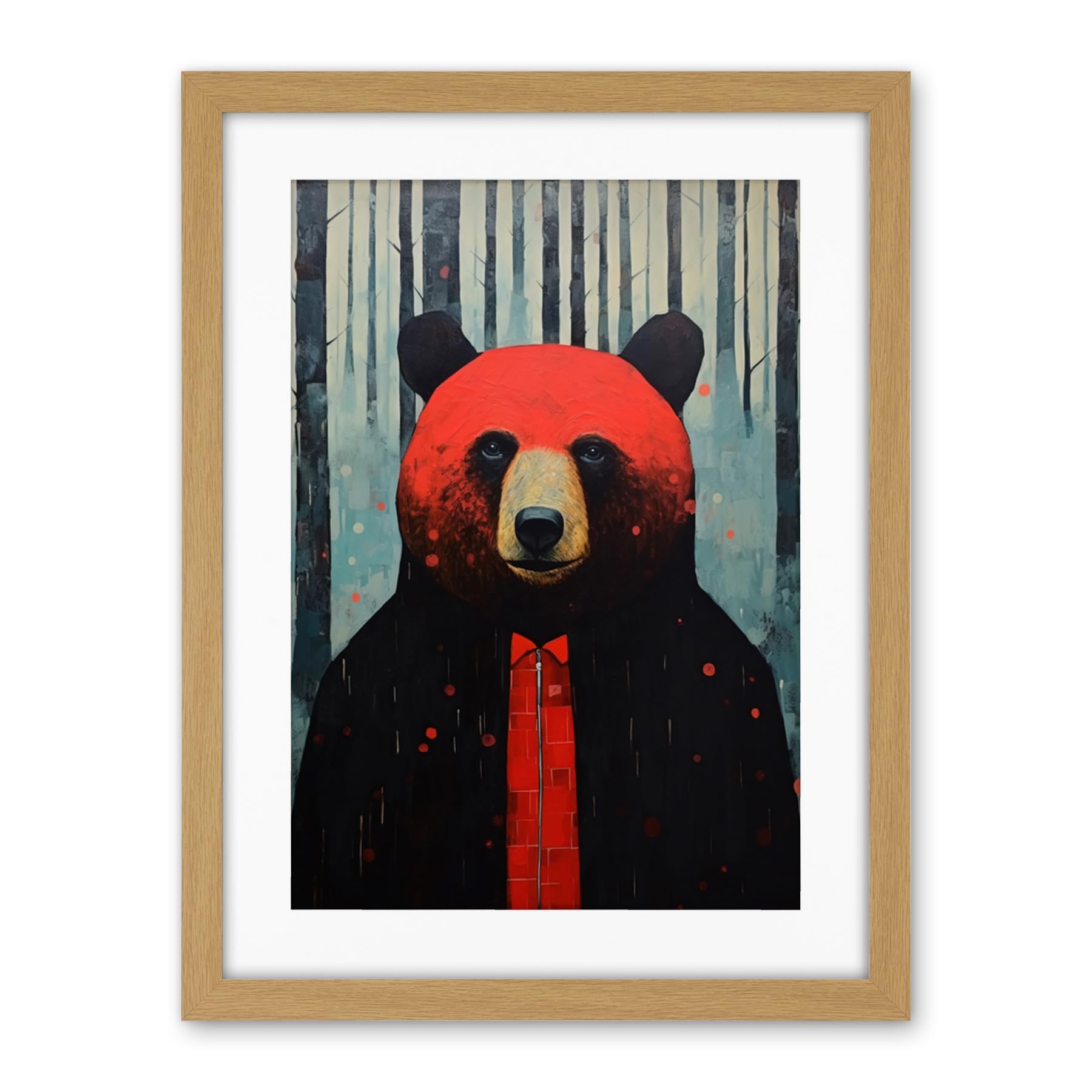 Artery8 Hipster Red Bear Artwork Oil Painting Black Blue Artwork Forest Trees Artwork Framed Wall Art Print 18X24 Inch