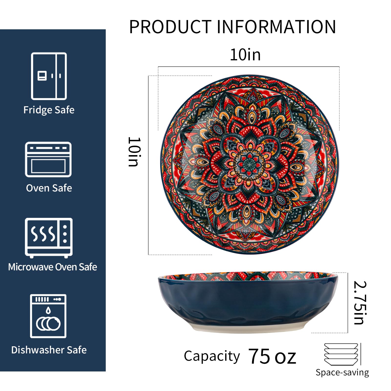 YUN TAO Cuencos grandes para servir, cuencos de porcelana de 10 pulgadas, capacidad de 75 onzas, tono azul vibrante, aptos para microondas y lavavajillas para ensalada, pasta, entretenimiento y fiesta