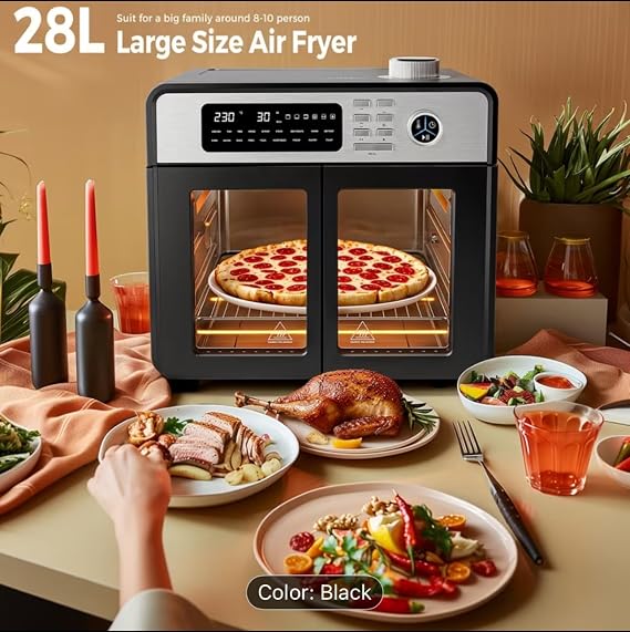 28L Digital Air Fryer Oven, Black, 1700W, 18 Presets, Rapid Air Circulation, Smart Touch Control, Visible Window, Temperature Range 30-230°C, 43x34x39cm