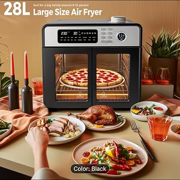 28L Digital Air Fryer Oven, Black, 1700W, 18 Presets, Rapid Air Circulation, Smart Touch Control, Visible Window, Temperature Range 30-230°C, 43x34x39cm