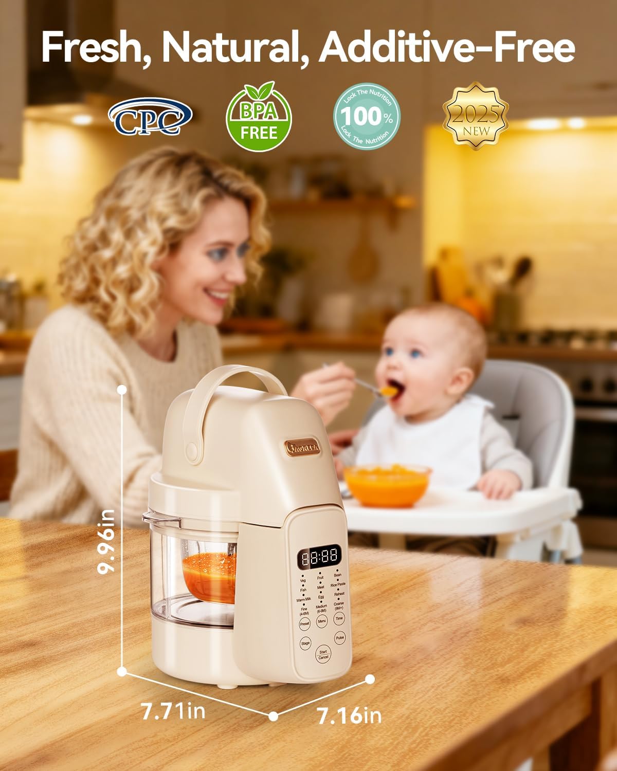 IAGREEA 9 IN 1 Glass Baby Food Maker, One Step Baby Food Processor Steamer Puree Blender Grinder Mills Machine, 10 OZ Auto Cooking & Grinding for Healthy Homemade Baby Food with 3 Age Stages, BPA-Free cream-coloured