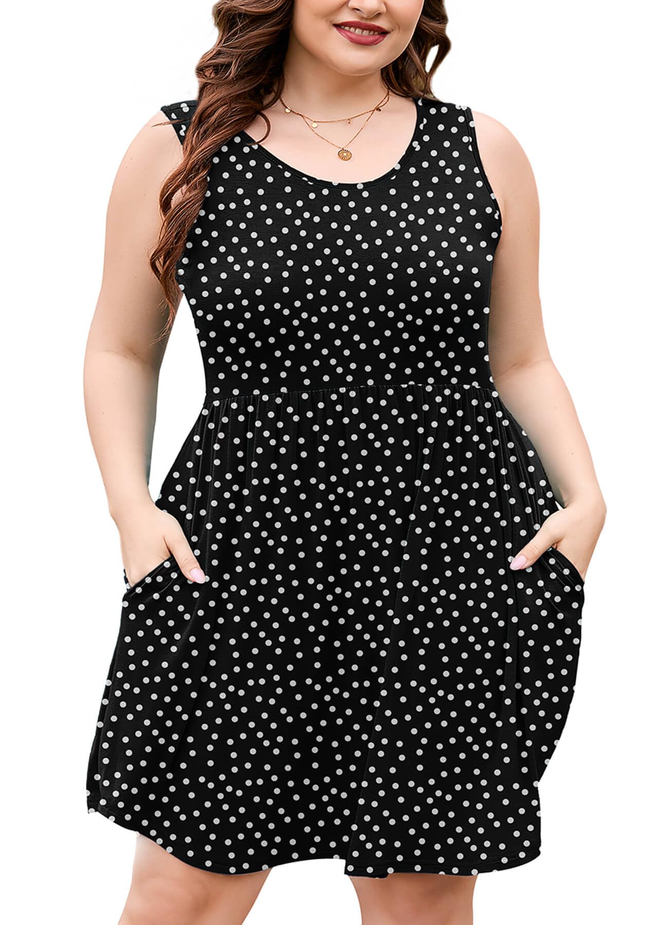 AusLook Plus Size Summer Tank Dress for Women Casual Sleeveless Crewneck Pleated Babydoll Swing Sundresses with Pockets 1X-5X