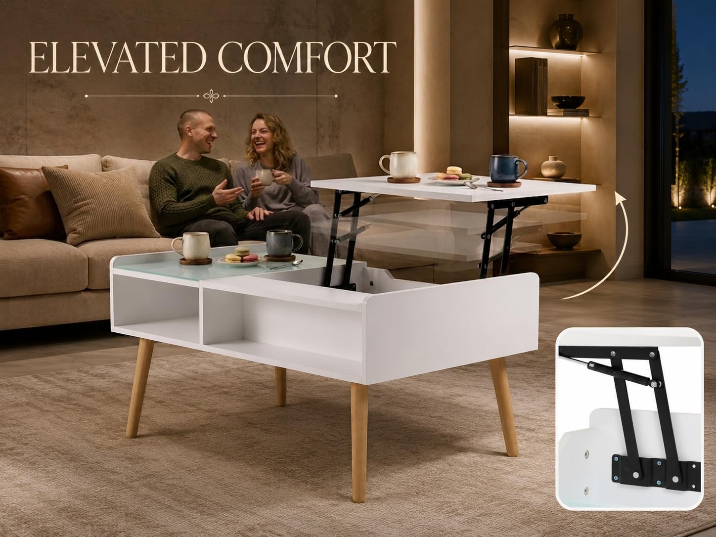 Couchtisch Wohnzimmertisch ausziehbar - mit höhenverstellbarer Platte und verstecktem Stauraum Sofatisch Kaffeetisch Beistelltisch - Fernsehtisch aus Holz und Glas Wohnzimmer Möbel Tisch Weiß