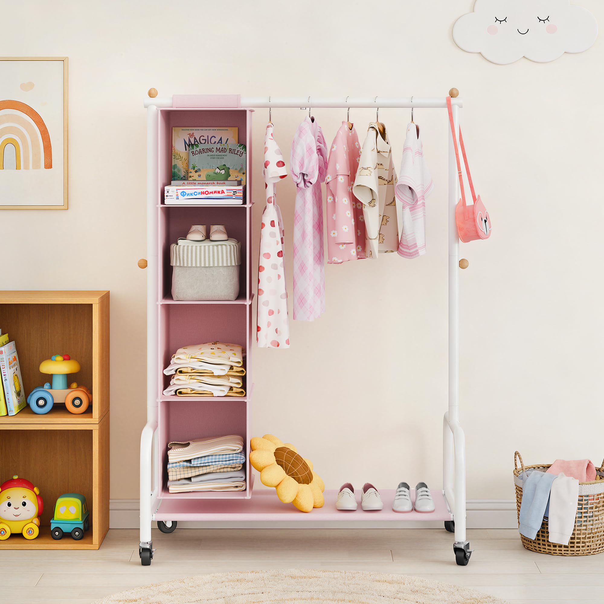 GRANNY SAYS Appendiabiti per Bambini con Organizer a Sospensione, Appendiabiti con Ruote per Travestimenti, Appendiabiti per Bambini, Appendiabiti per la Cameretta dei più Piccoli, Rosa/Bianco