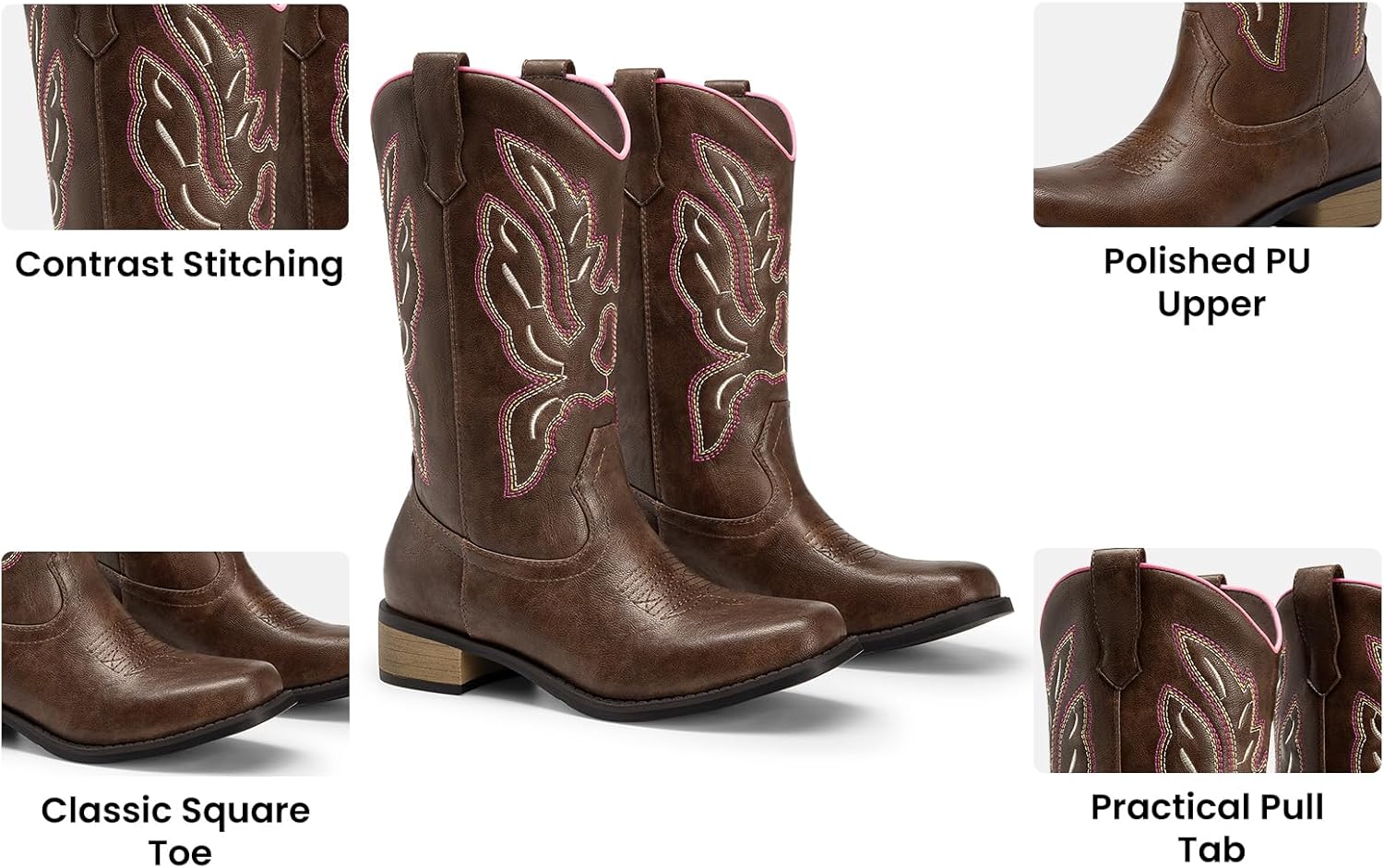 Athlefit Cowboy Cowgirl Boots for Women Mid Calf Square Toe Comfortable Pull On Chunky Heel Embroidery Western Boots - Image 3