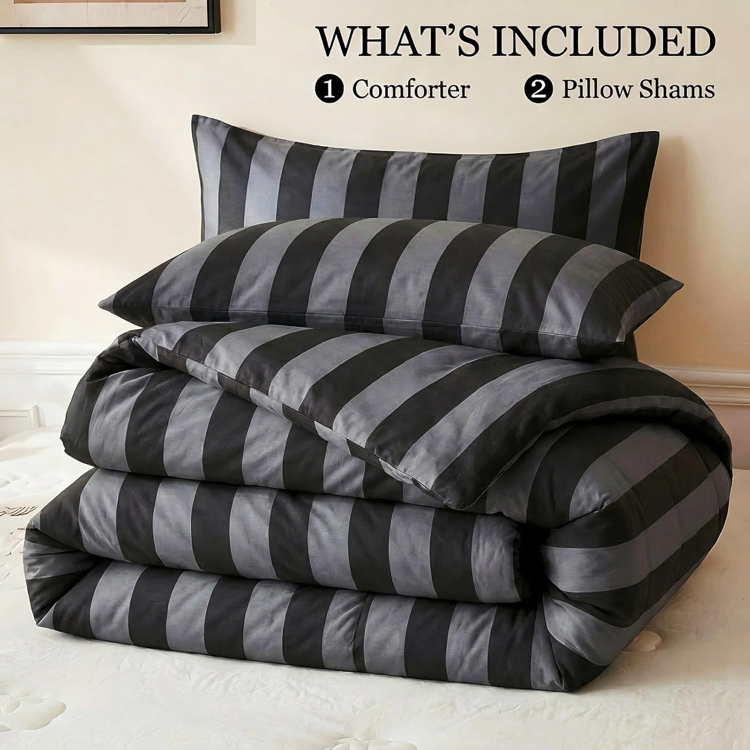 Merryword Black and Gray Striped Comforter Set Queen, 100% Cotton Reversible Comforter Set 3 Pcs, Luxury Linen Like Bedding, Soft Breathable Lightweight Comforter for All Seasons